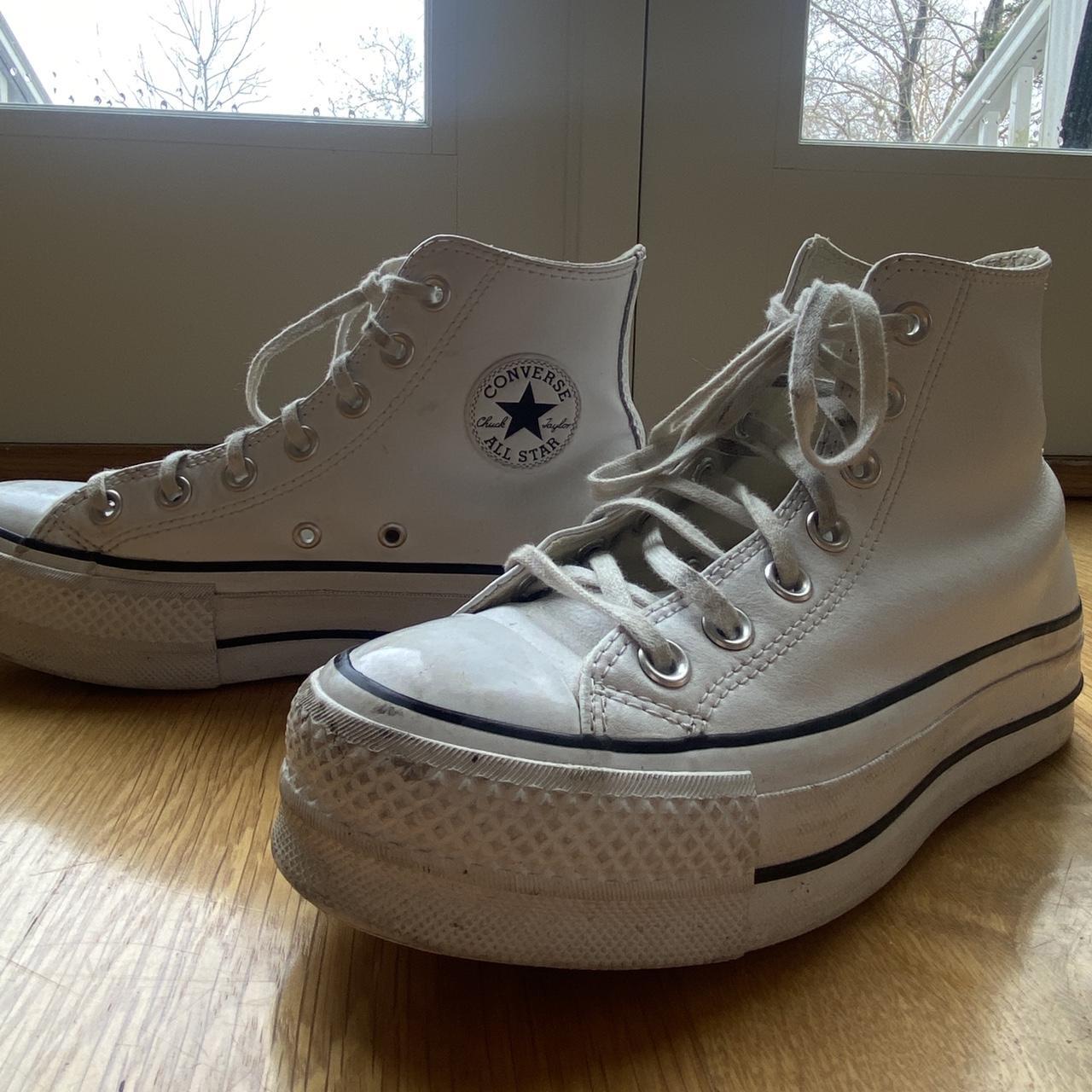 White Leather Platform High Top Converse Slightly... - Depop