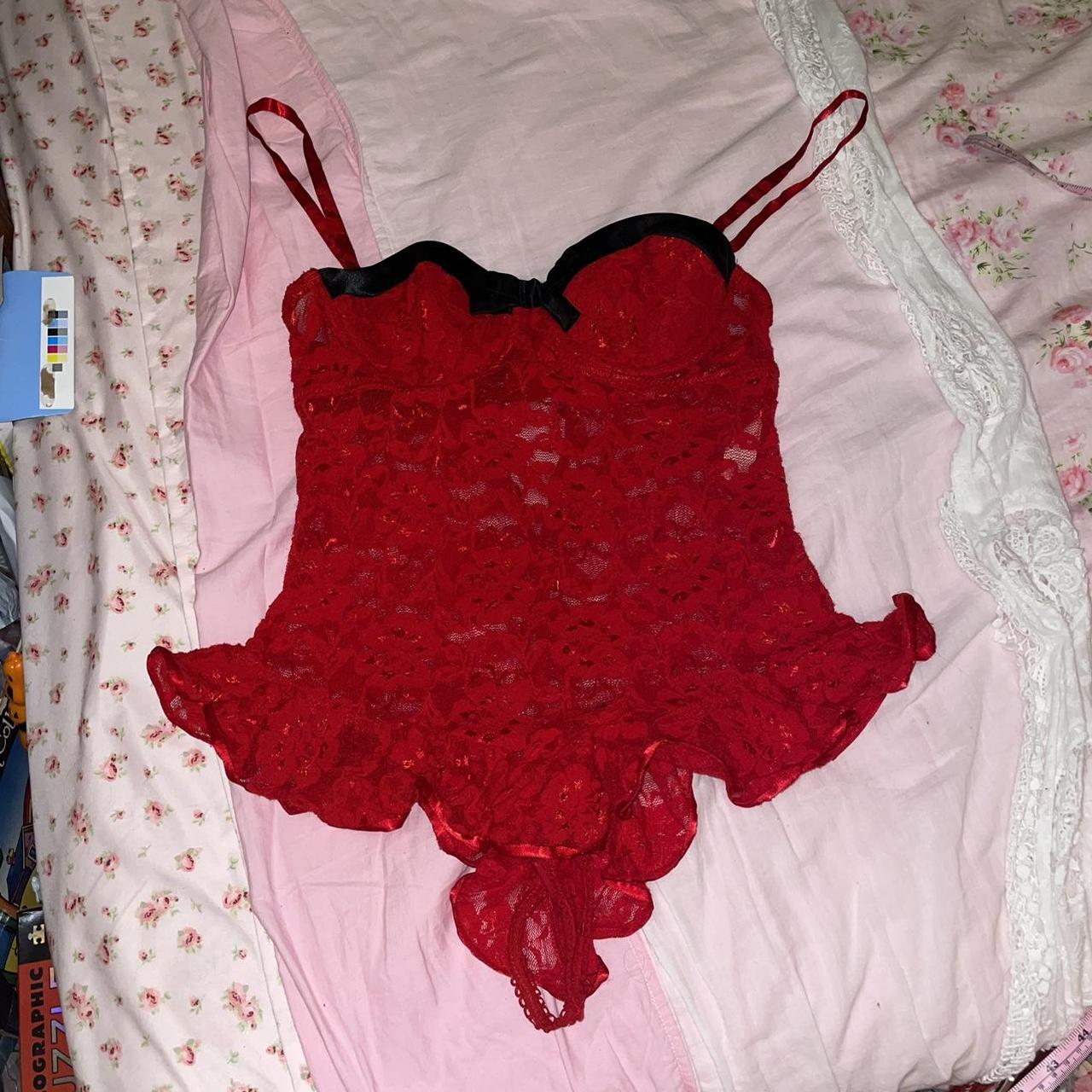 Flora red and black bow lingerie floral lace romper... Depop