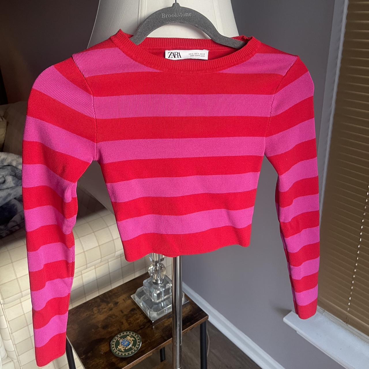Zara Women's Pink and Red Jumper Depop