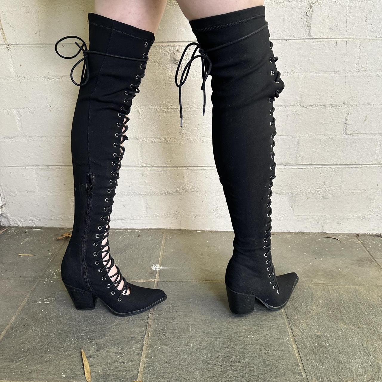 Amazing Widow thigh high lace up boots. Selling... - Depop