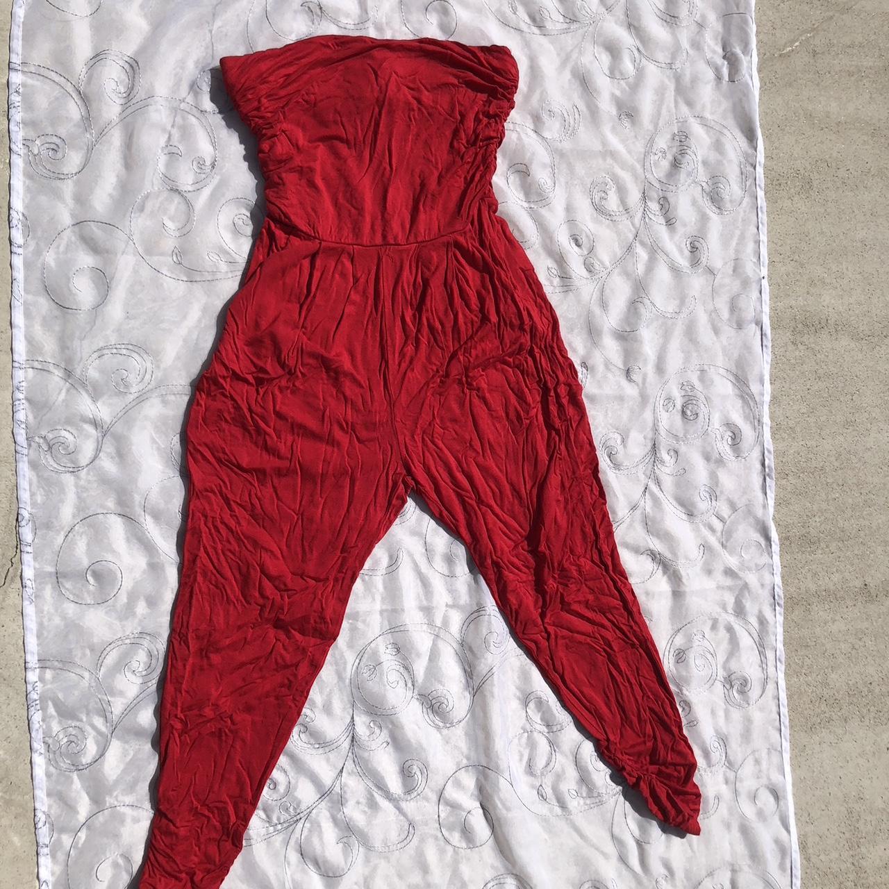 Red strapless jumpsuit brand heart hips size Depop