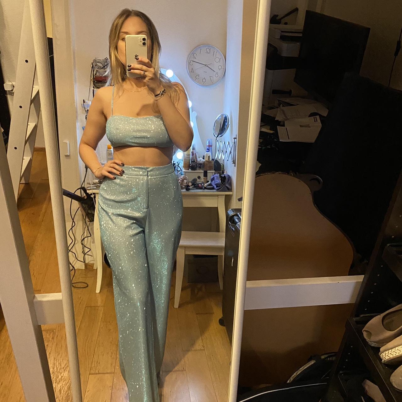 Glitter crop top and matching pants in turquoise... - Depop