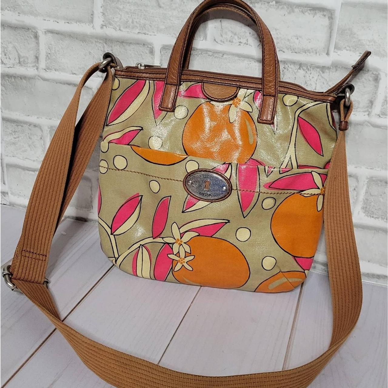 FOSSIL Key-Per Coated Canvas Tote Shoulder Bag Purse Tan Orange