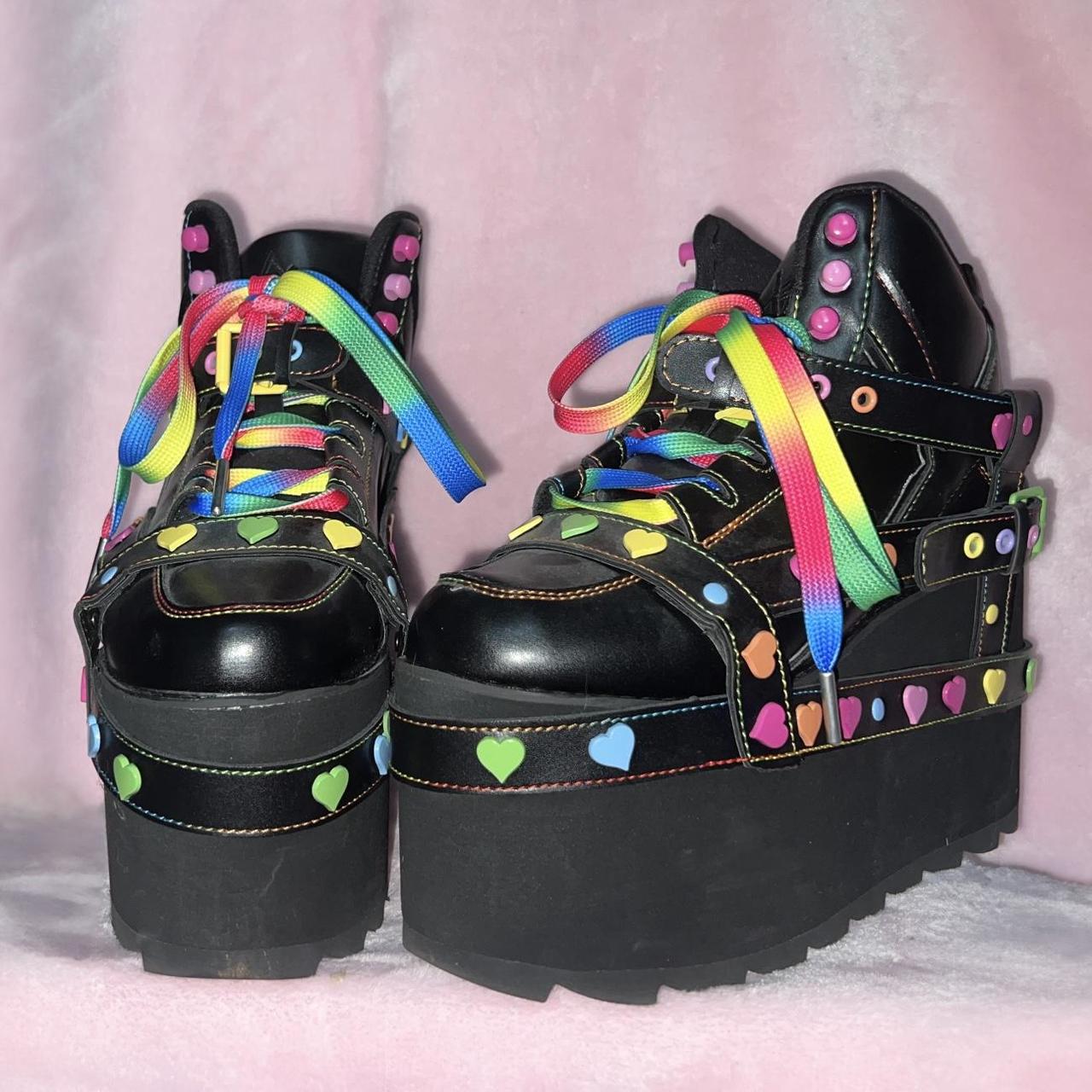 YRU Qozmo Bondage rainbow heart platform sneakers in | Depop