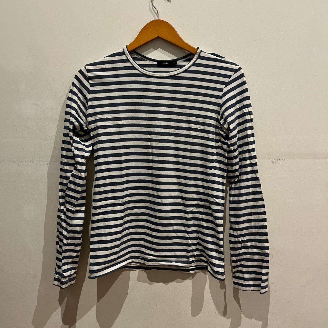 Bassike small navy and white striped top. Well loved... - Depop