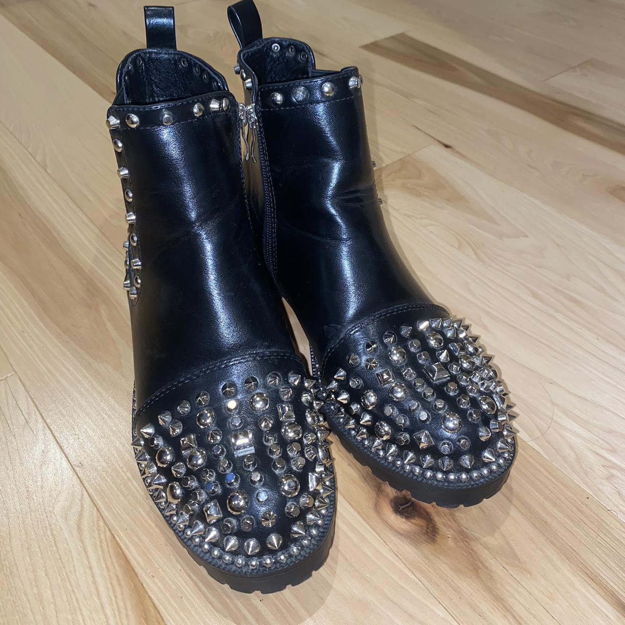 Black leather boots with silver studs Depop