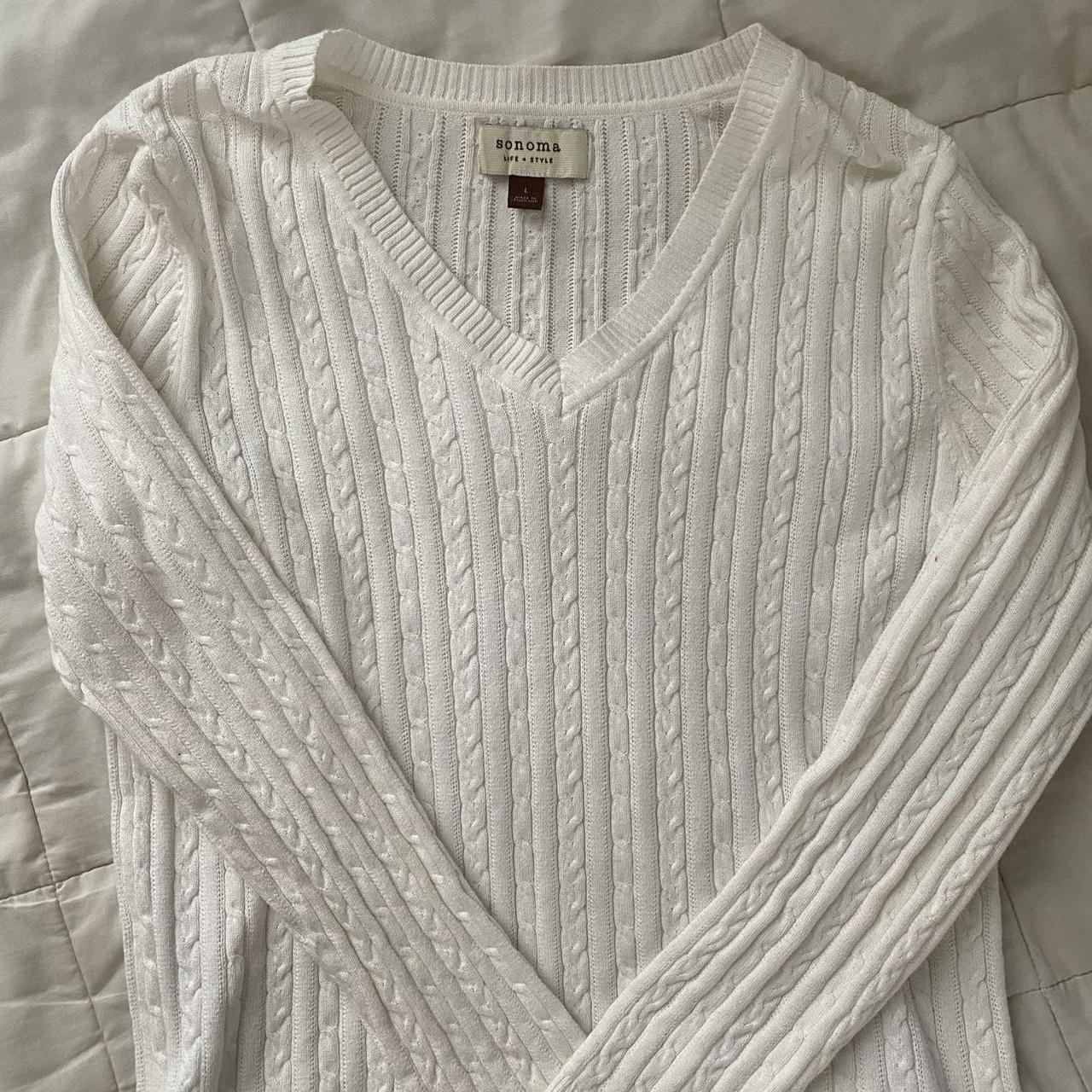 sonoma white cable knit v neck sweater thin but... - Depop