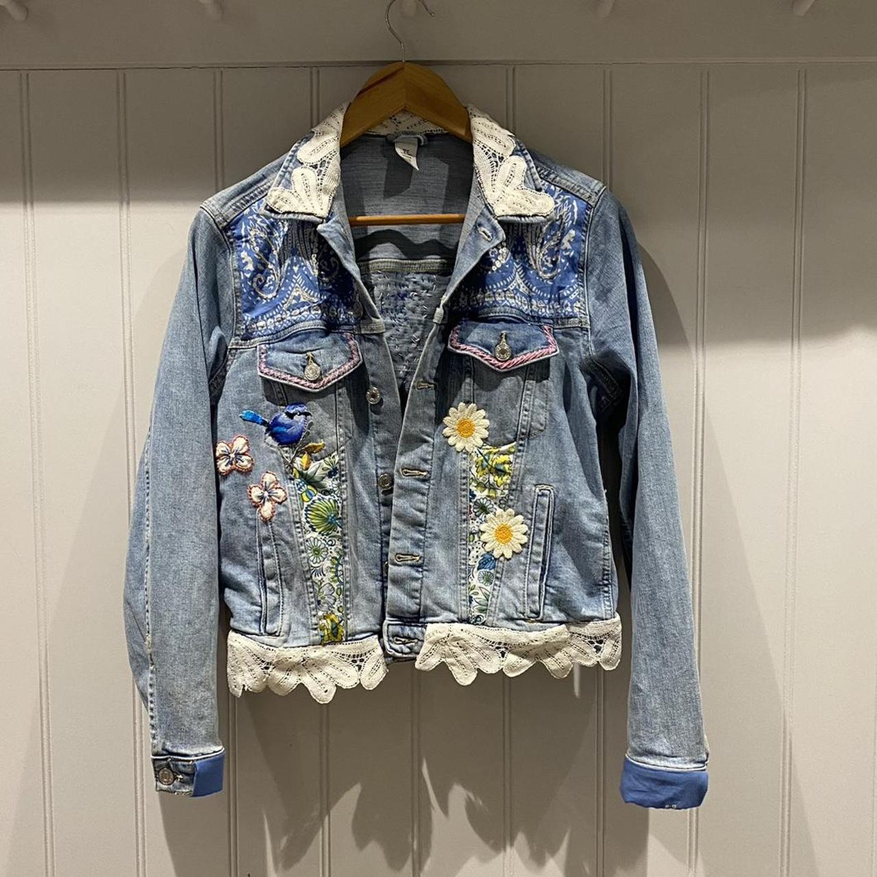 Reworked embroidered and patchwork denim jacket in... - Depop