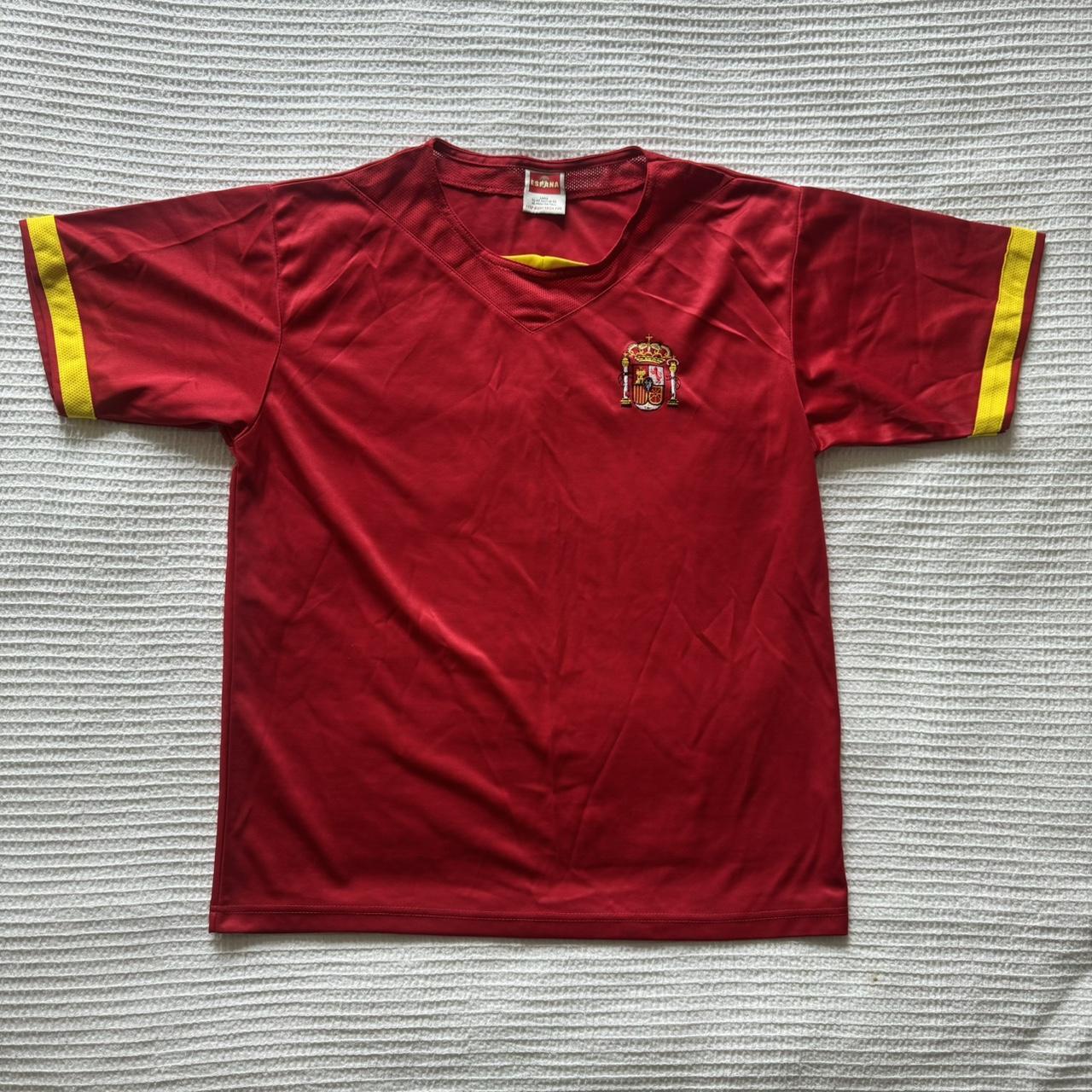 Vintage Spanish football shirt in red and yellow... - Depop