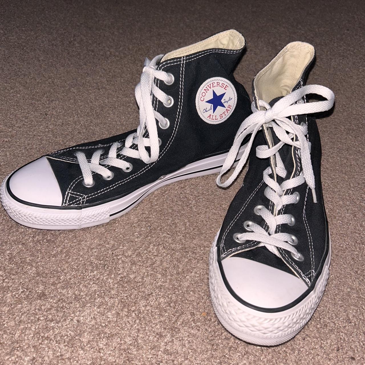 Black Chuck Taylor’s Converse hightops!! -size 8... - Depop