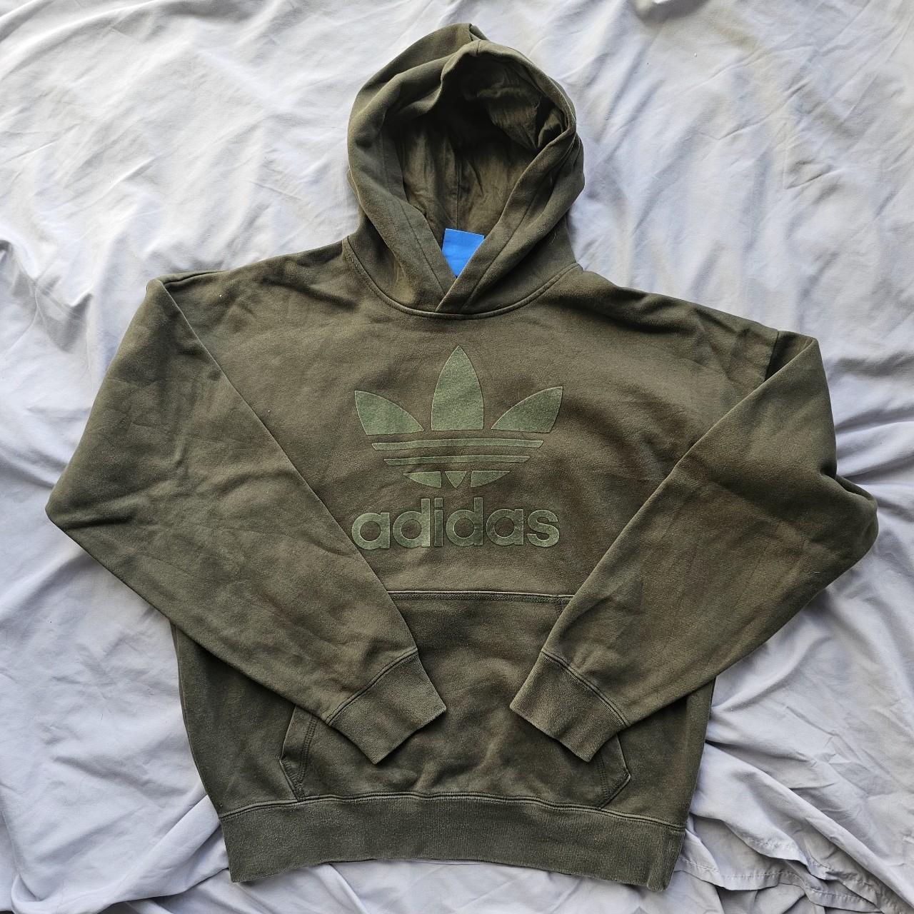 Olive pullover hoodie with velvet adidas Logo grapic Depop