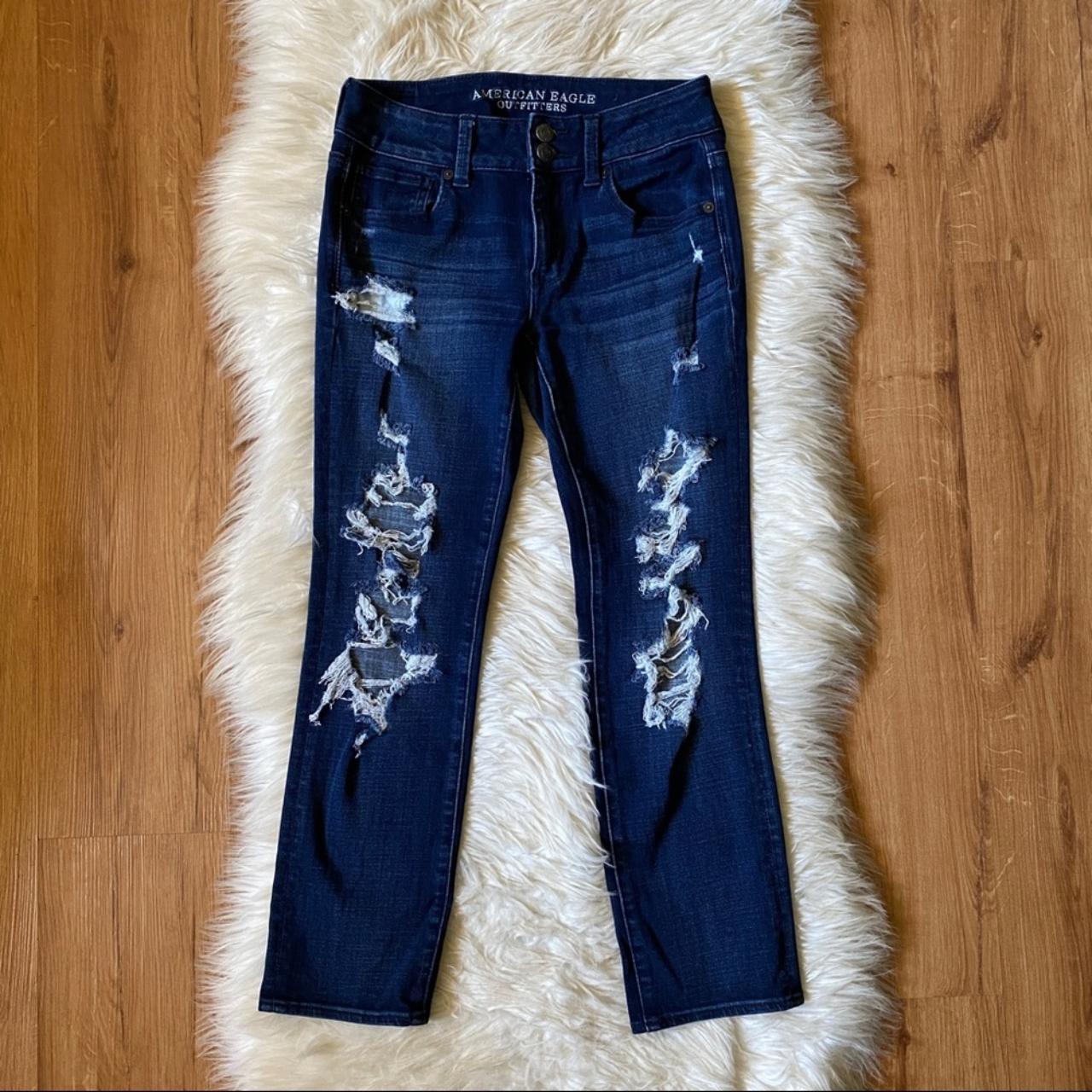 American Eagle Dark Wash Distressed Artist Crop... - Depop