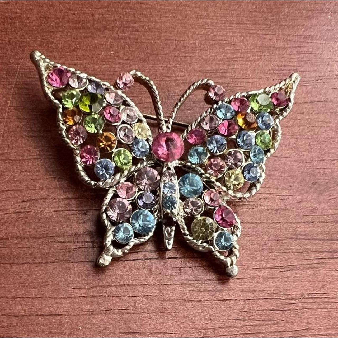 2 Vintage Butterfly Pins with Rhinestones Red - Depop