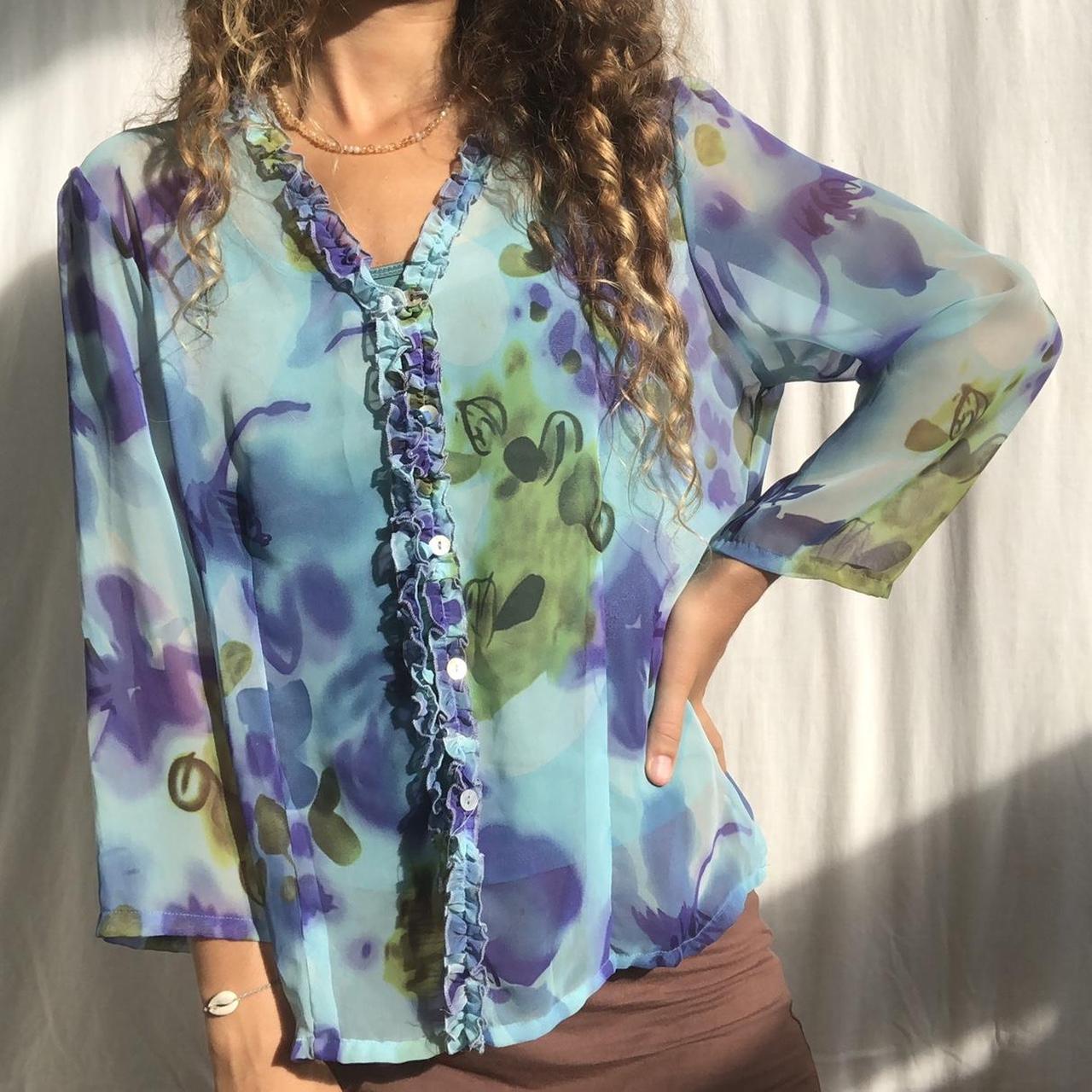 Beautiful Vintage Sheer Blue Button Up Top 🌀 Ruffle... - Depop