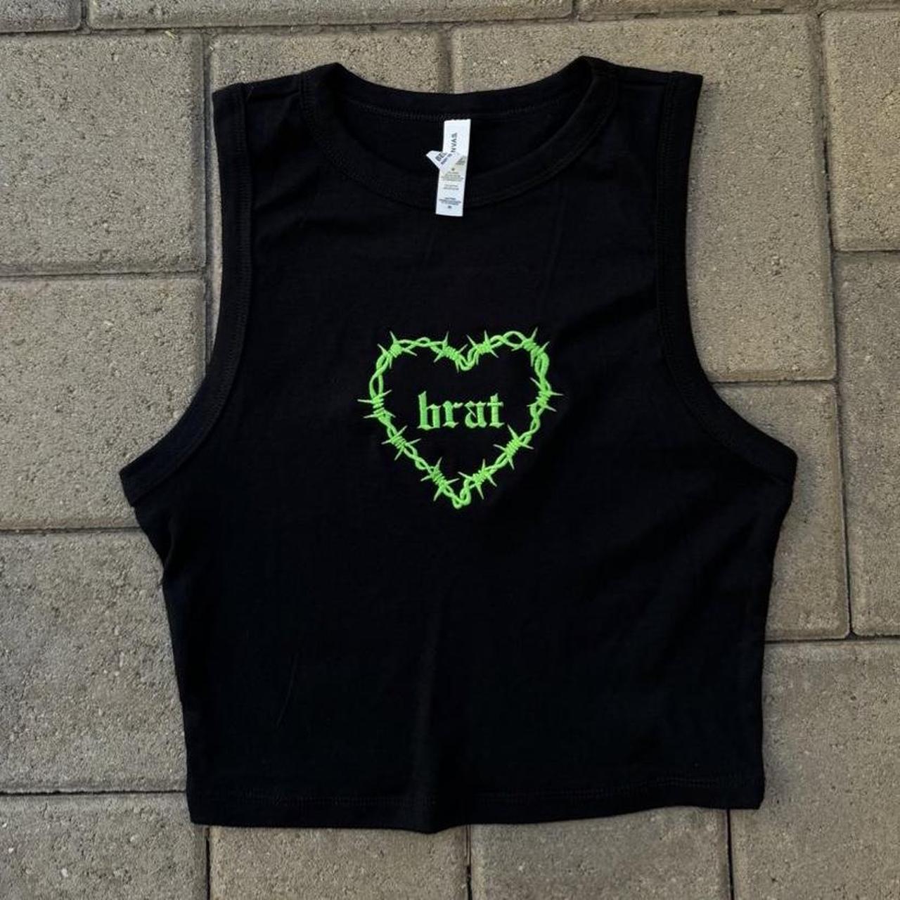 Brat neon green thread cropped tank top embroidered - Depop