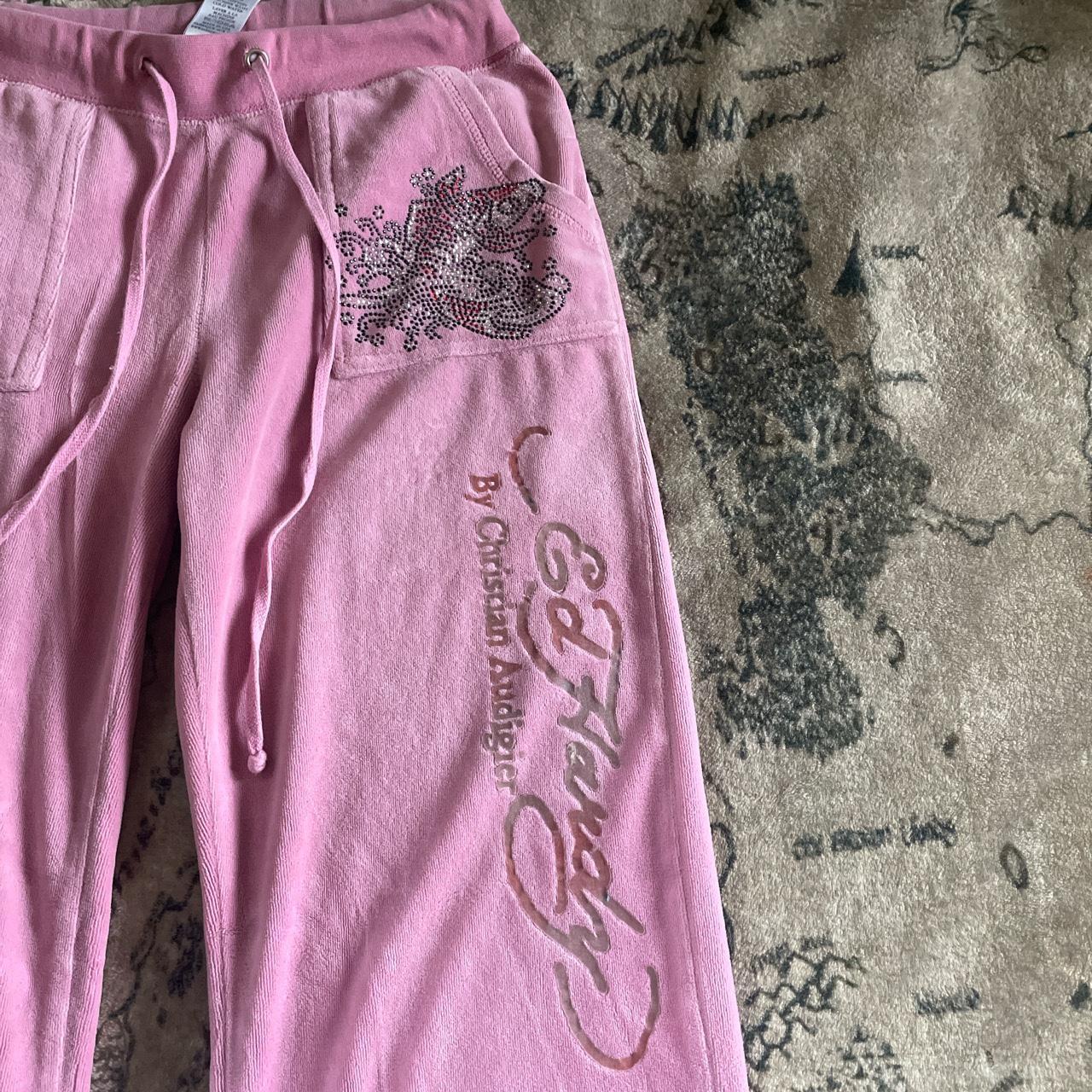 Y2K pink velvet Ed Hardy sweat pants with all... - Depop