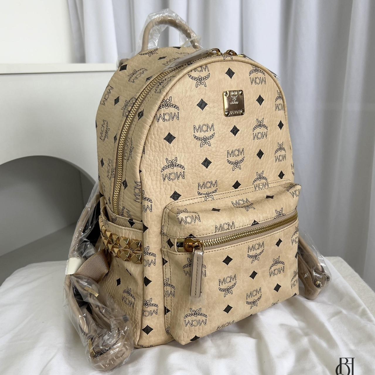 Beige Mcm Backpacks MCM STARK BEIGE LEATHER BACKPACK WITH SIDE RIVETS