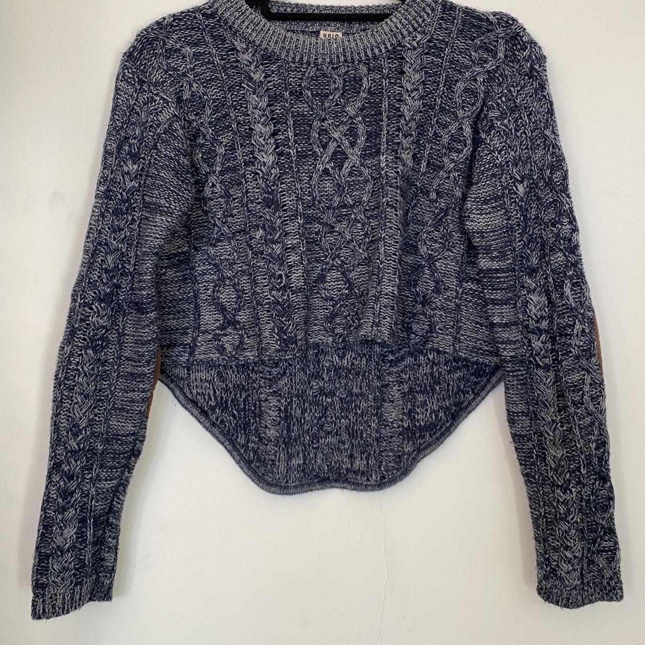 Retro cropped Aran jumper with suede elbow patches.... - Depop