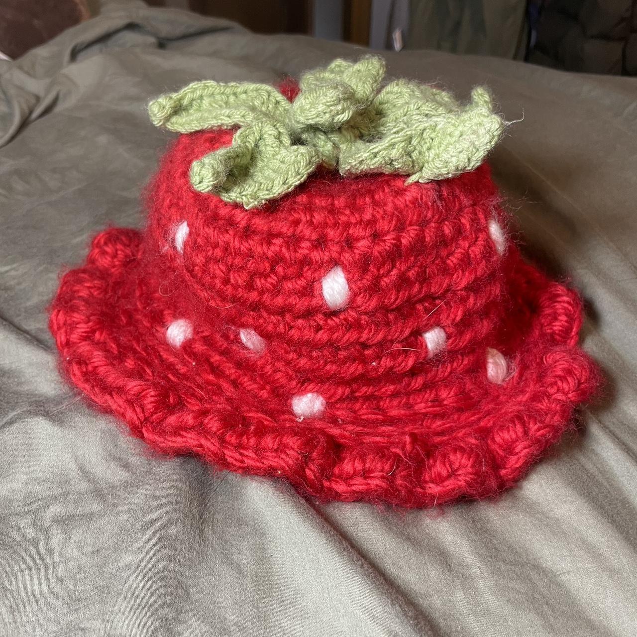 Hand crocheted strawberry bucket hat - Depop