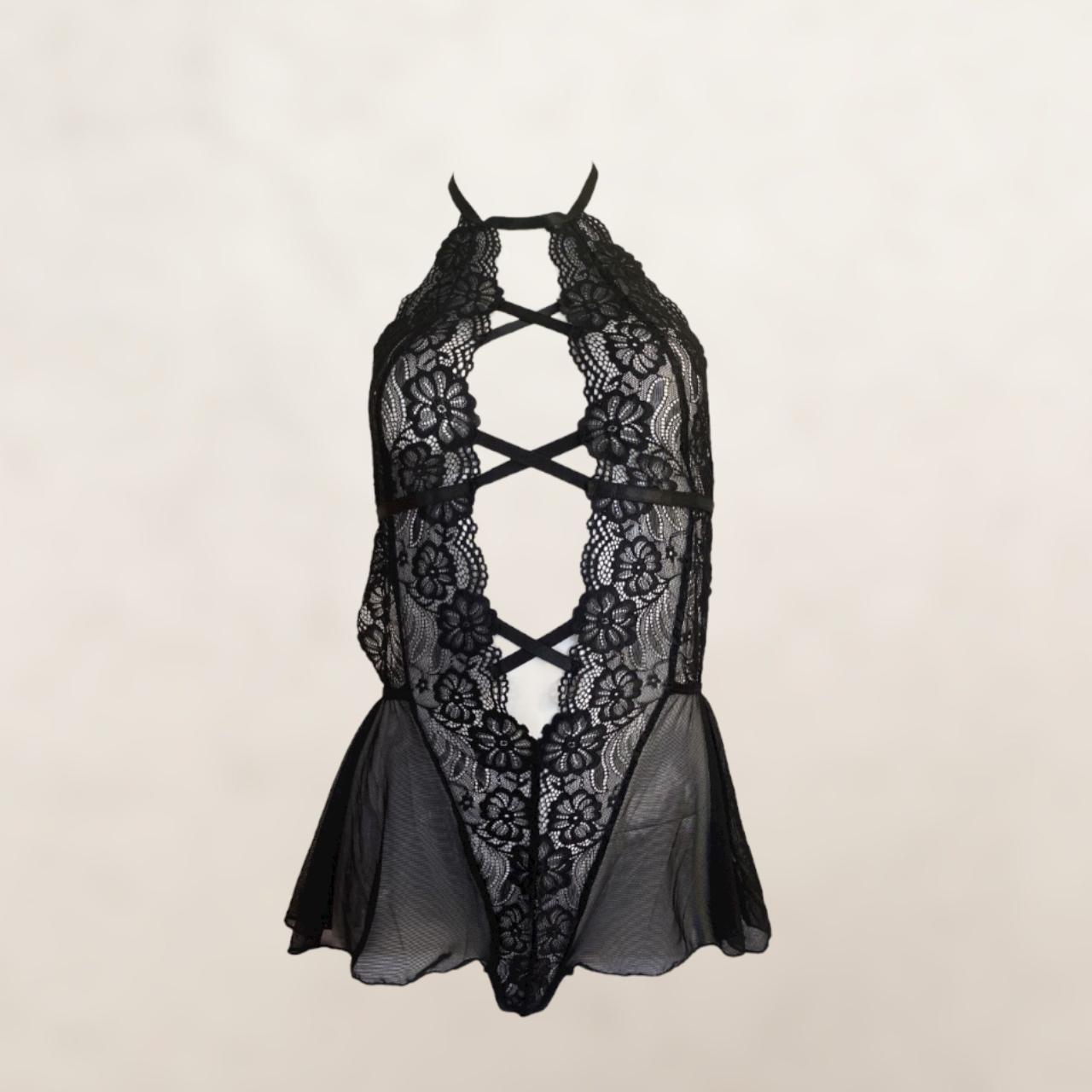 Black Lace Mesh Crisscross Bodysuit Lingerie - Depop