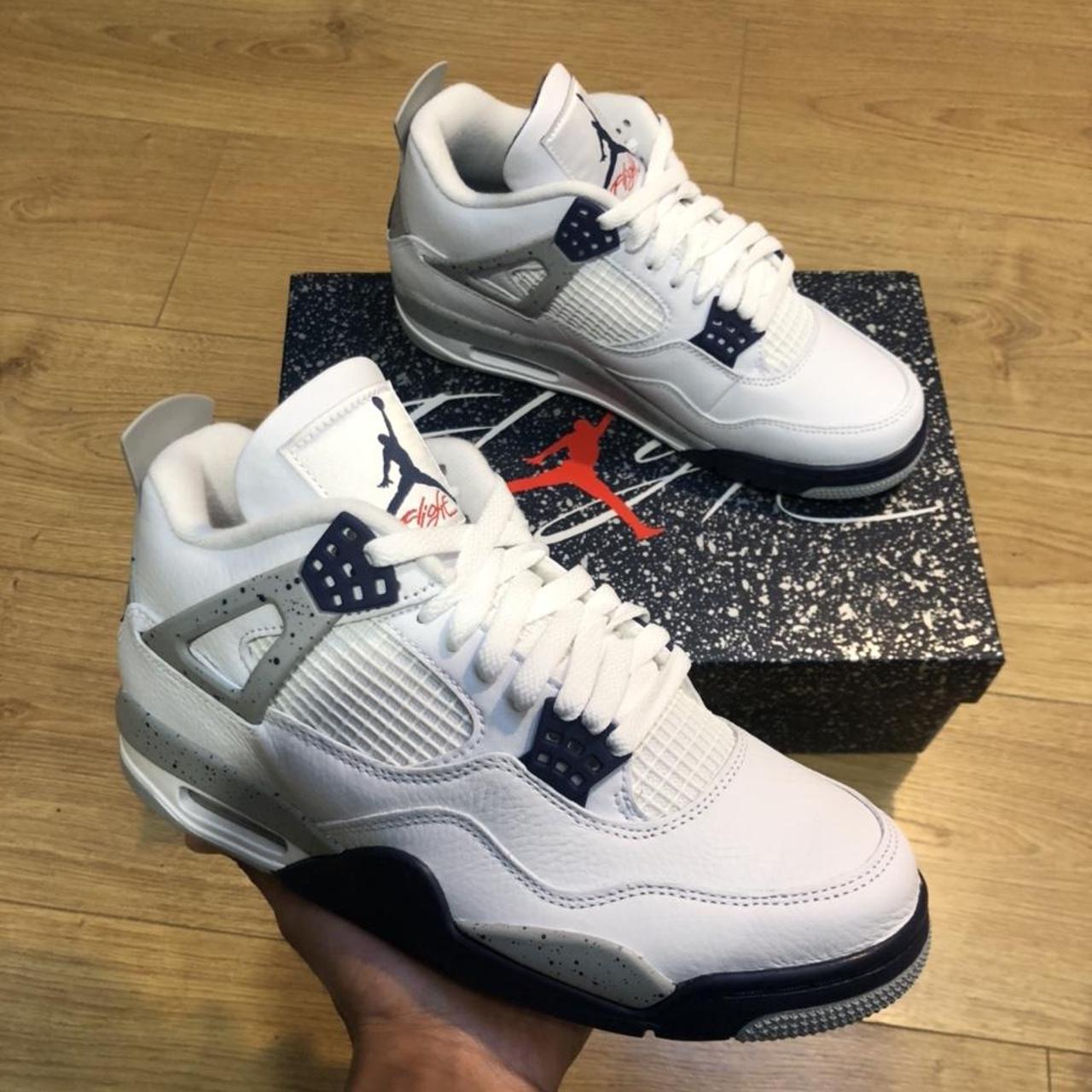 Jordan Men's White and Navy Trainers | Depop