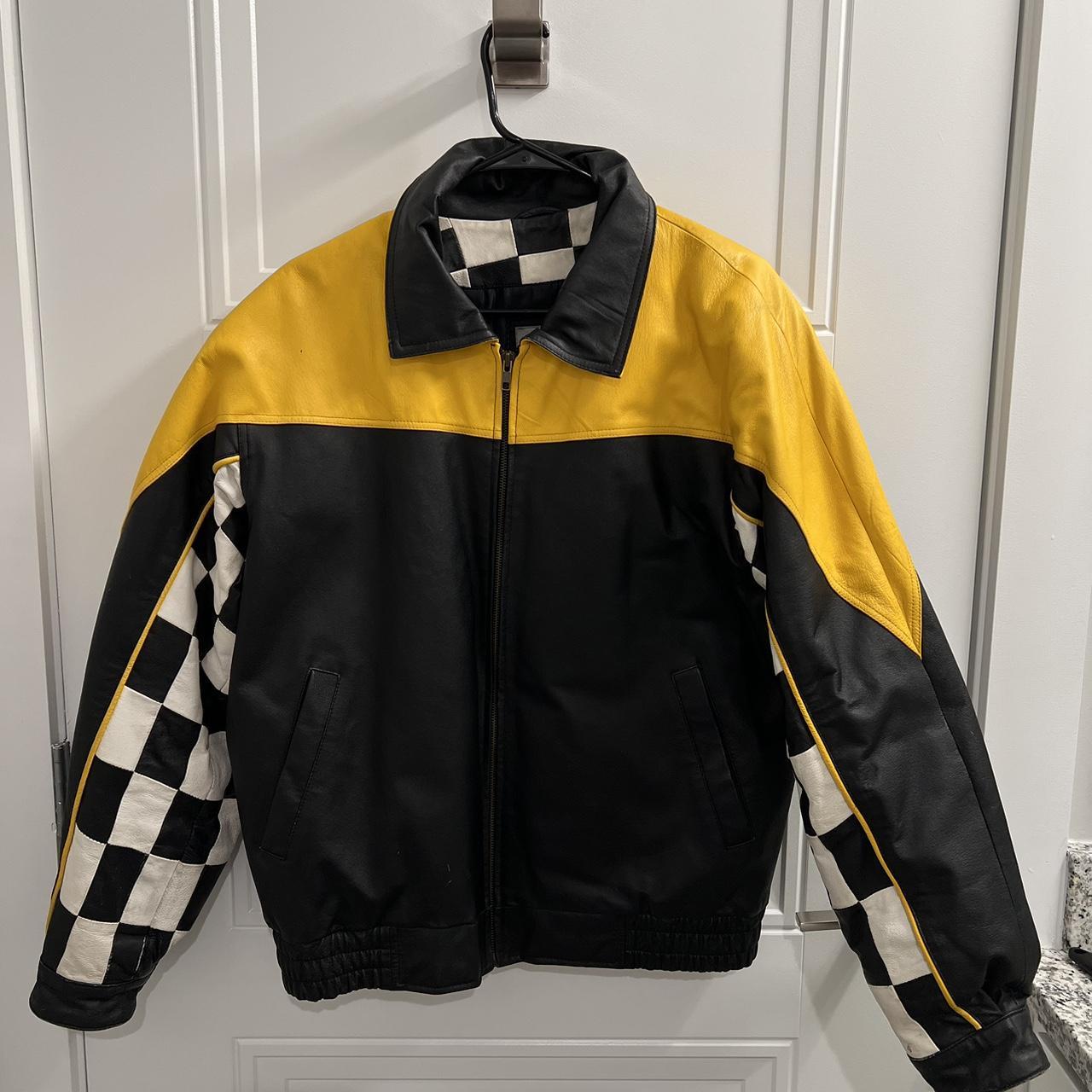 Yellow and black checkered leather racing jacket