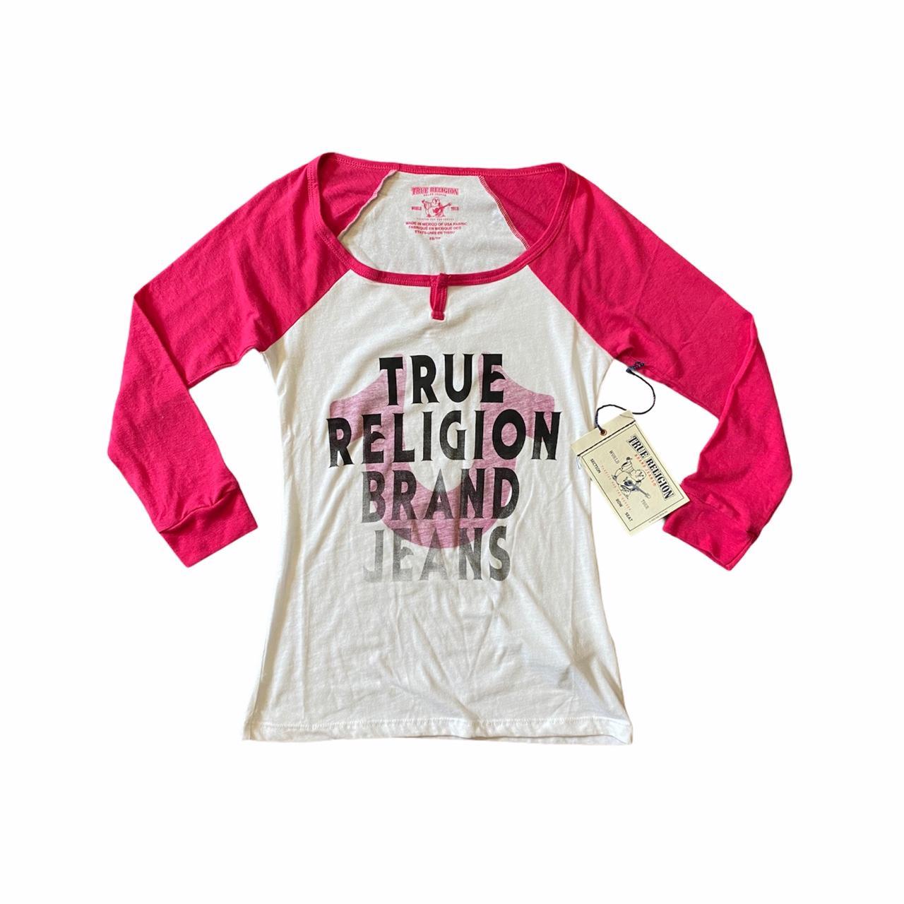 Pink and white 2024 true religion shirt