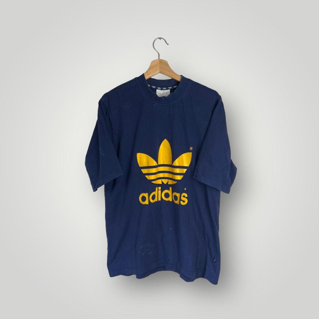 Adidas 80s Vintage Navy Yellow T-shirt Label size:... - Depop