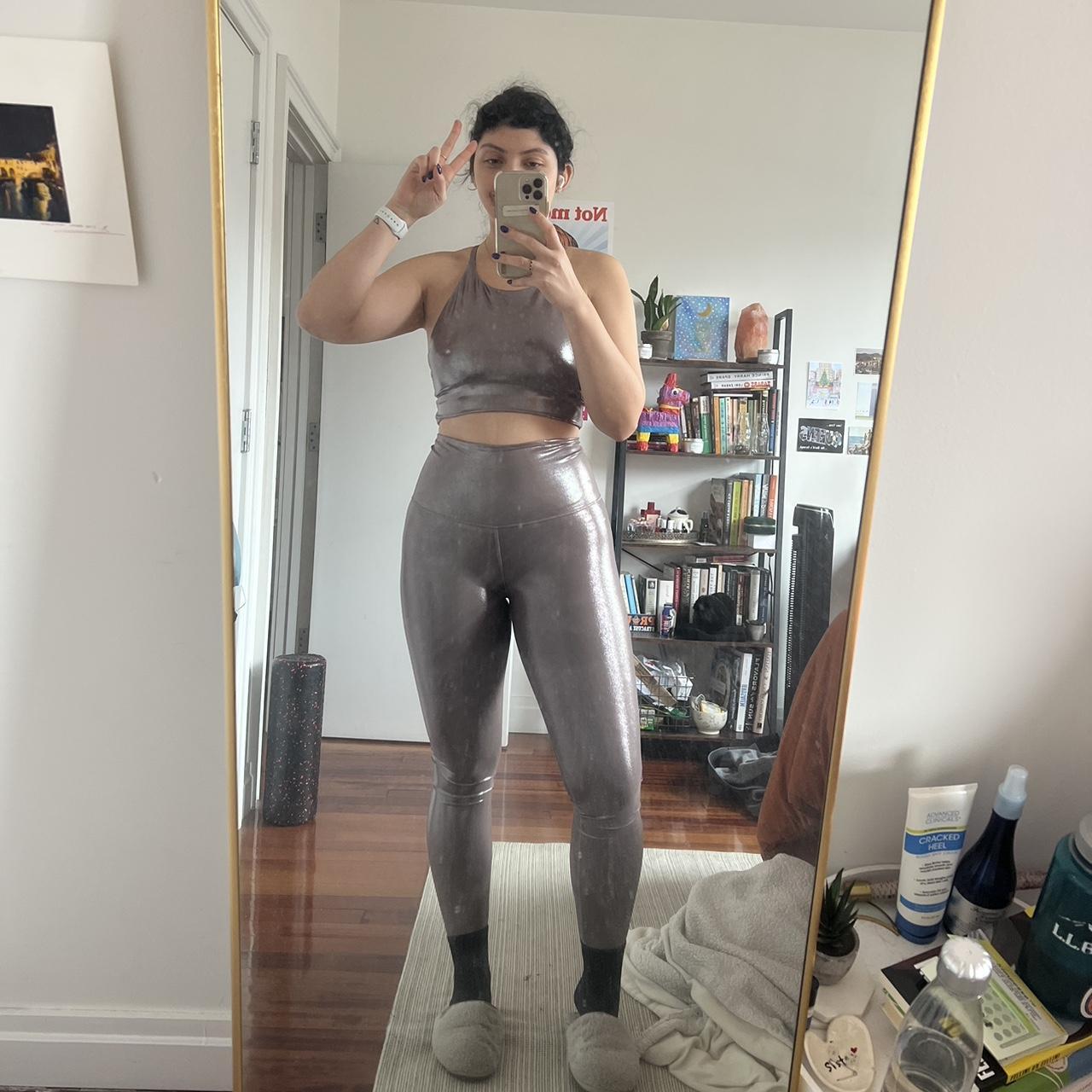 Small silver shiny leggings and bra workout set - Depop