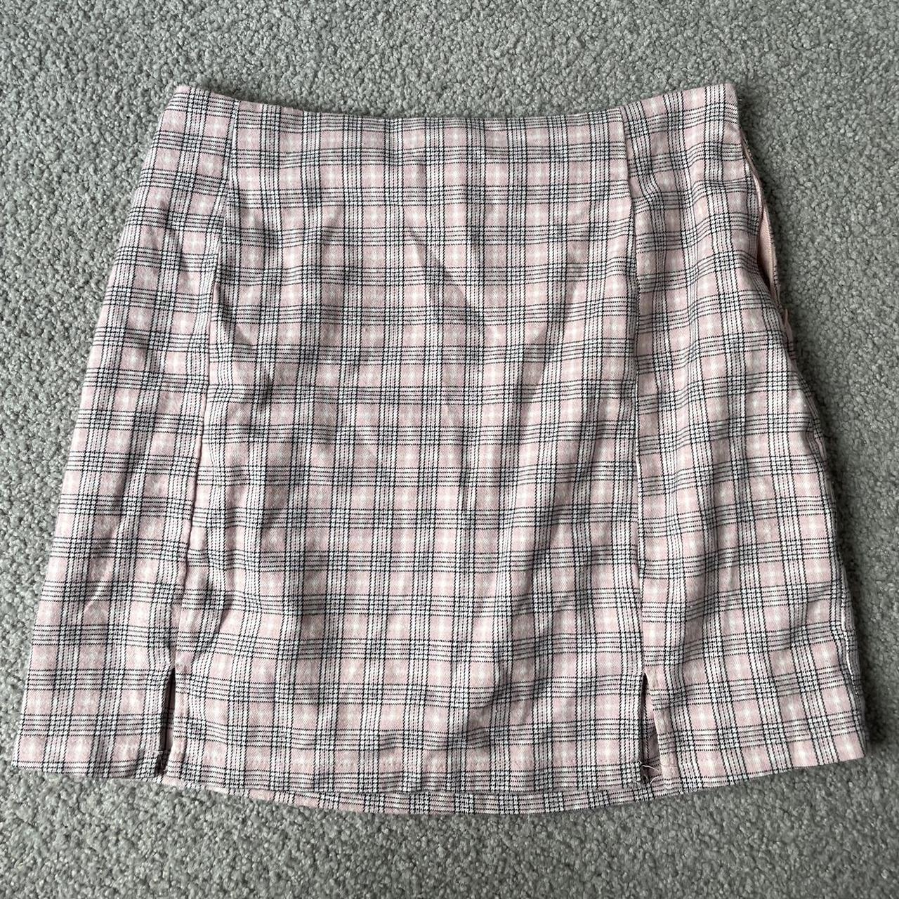 Factories pink plaid mini skirt, worn but no... - Depop