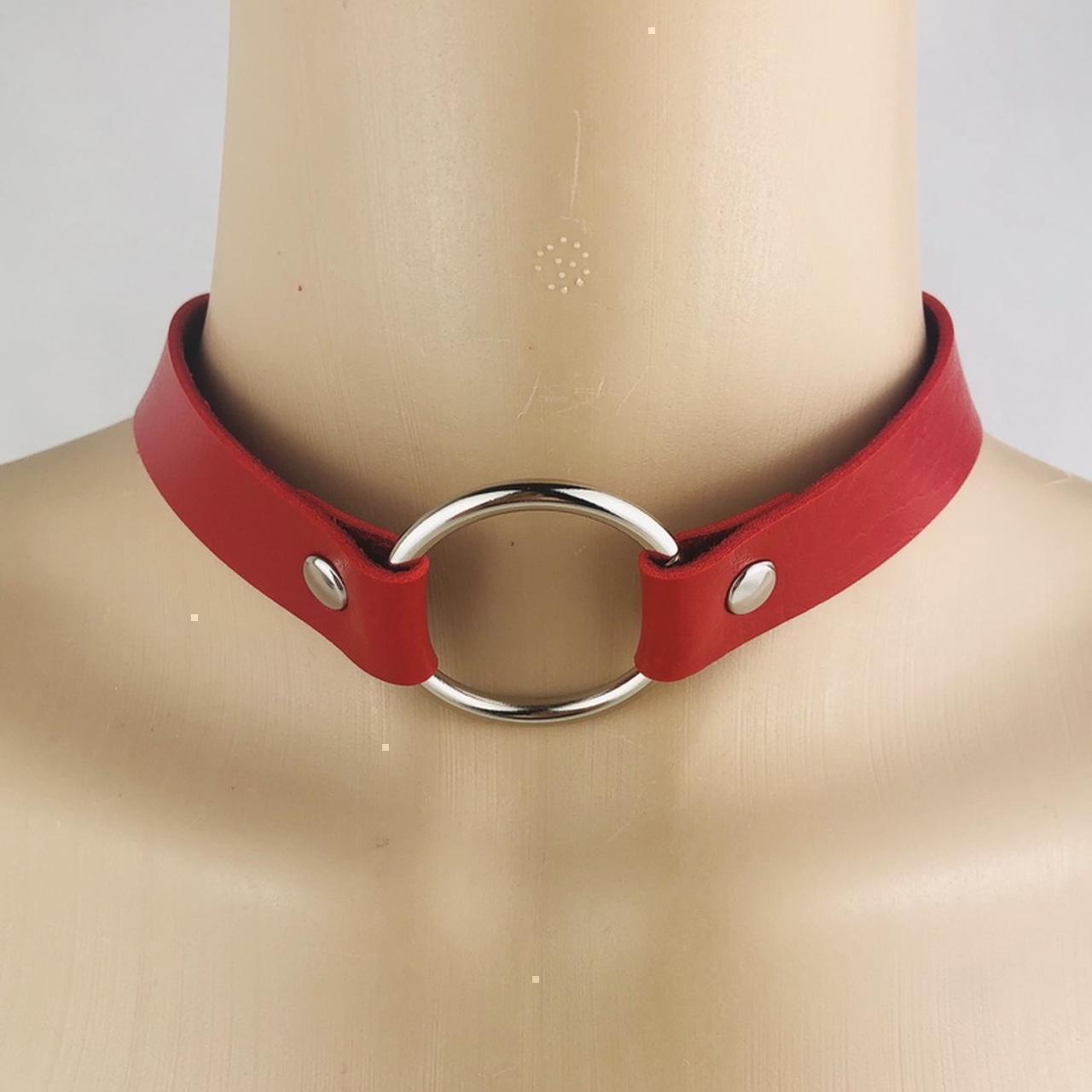 Goth Choker Red Leather Double Layer Necklace Thin - Depop