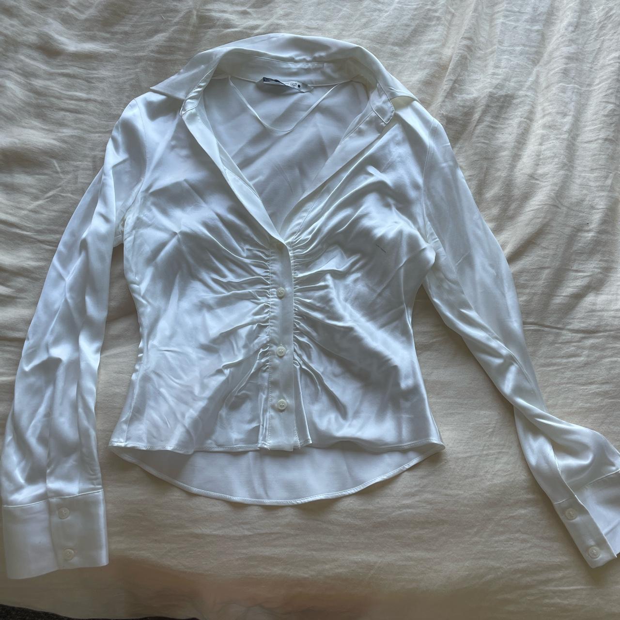 zara scrunched button up white satin two flaws... - Depop
