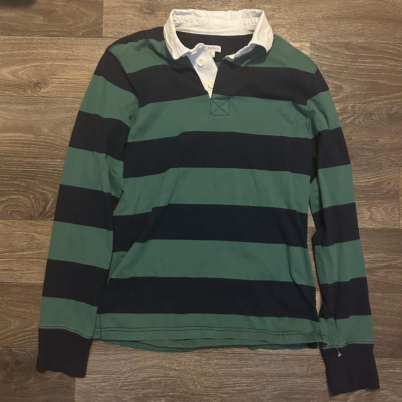 Stripped collared navy and green long sleeve... - Depop