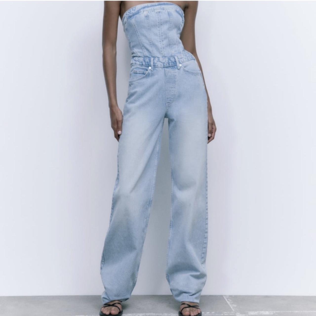 ZARA CORSET DENIM JUMPSUIT light blue denim... Depop
