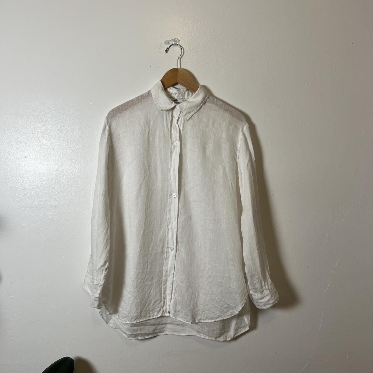 White sheer oversized linen shirt from Zara. Size... - Depop