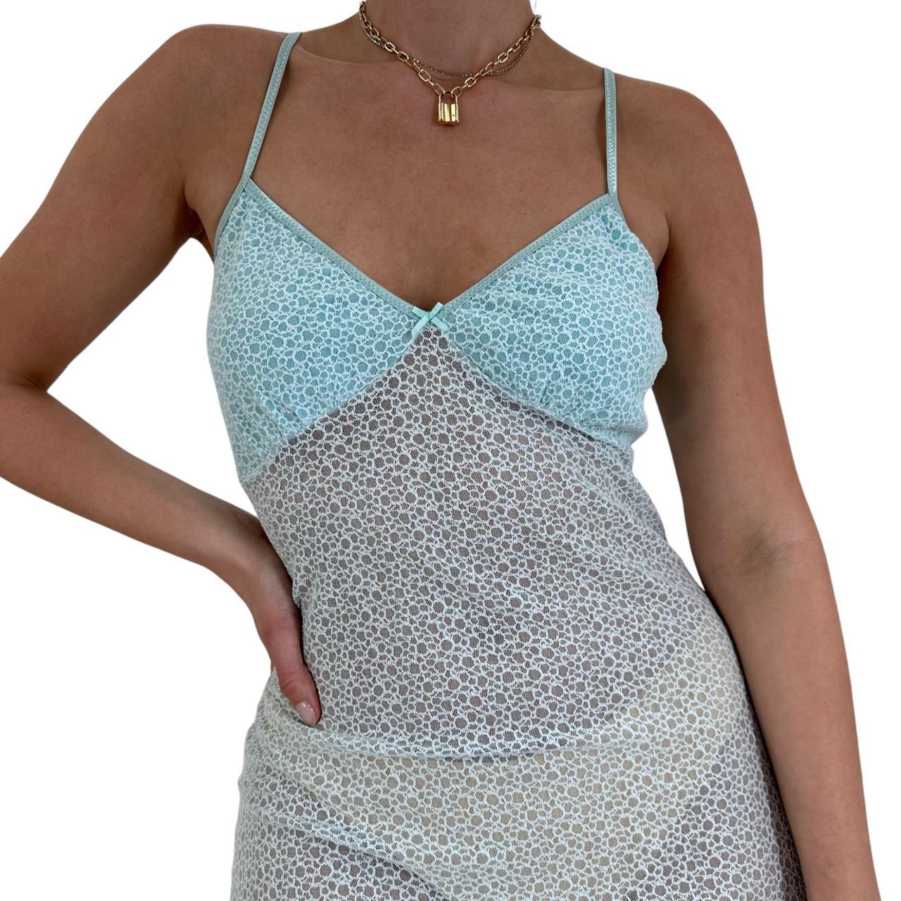 [#10198] [#23AP] 90s Vintage Blue + White Lace Slip... - Depop