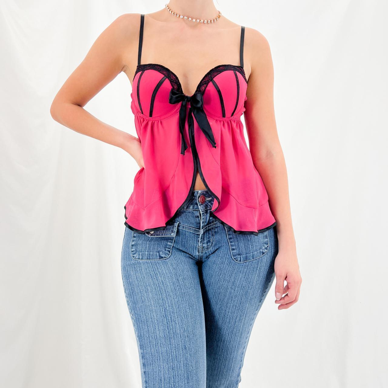 [5824] Y2k Vintage Hot Pink Bustier Top w/ Black... Depop