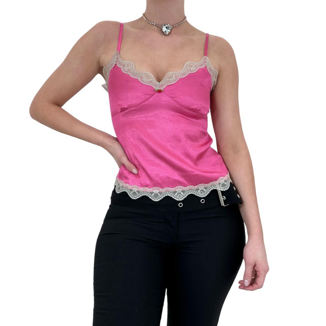 Women's Lace Trim Satin Cami Top in Hot Pink