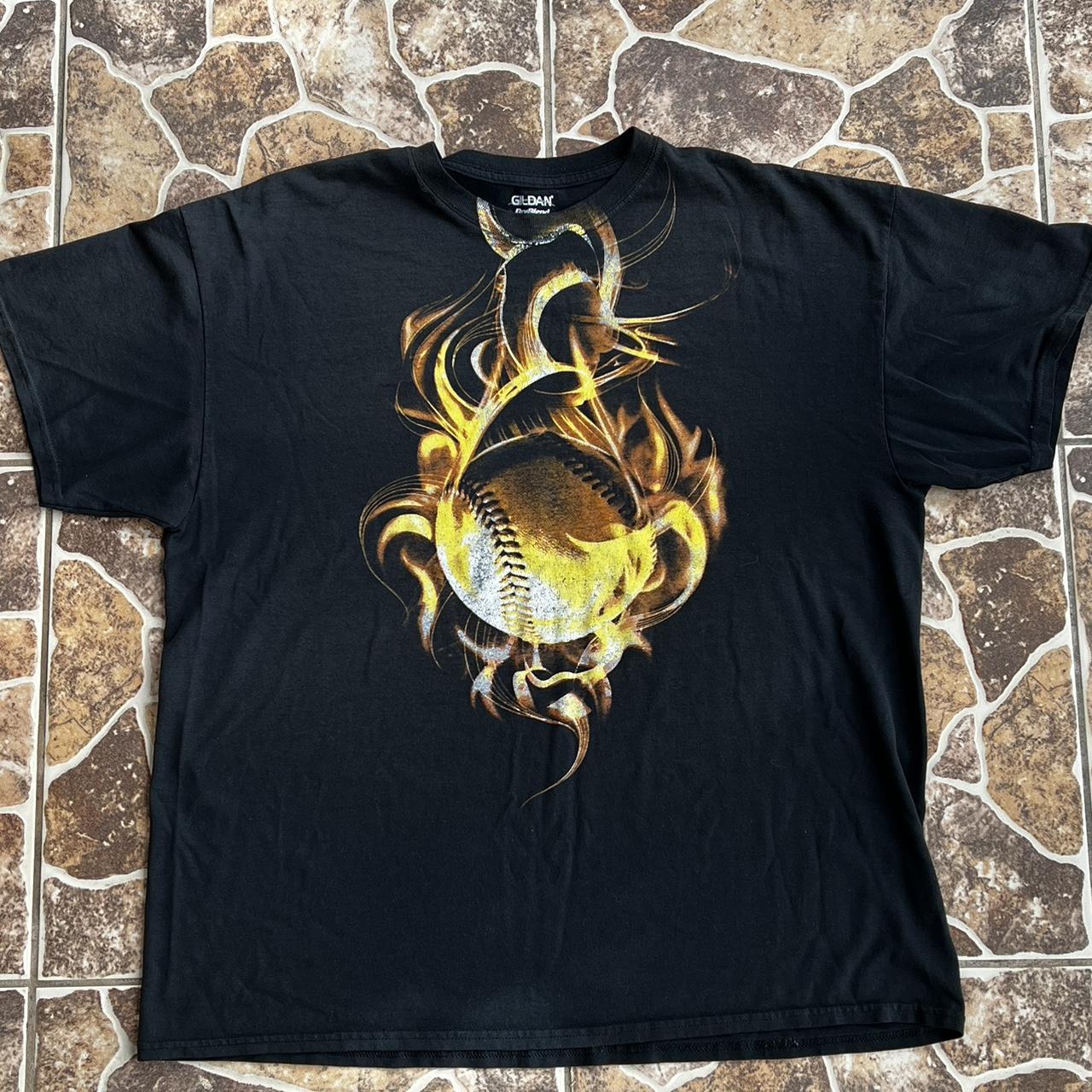 Flaming Baseball Black T Shirt 