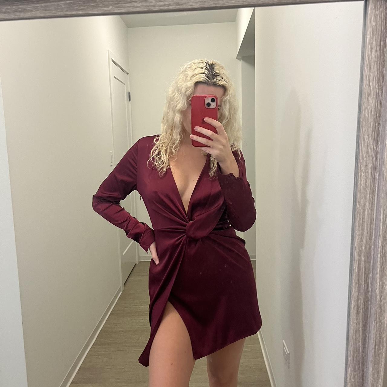 Red wine silk fashion nova dress deep v with slit. Depop