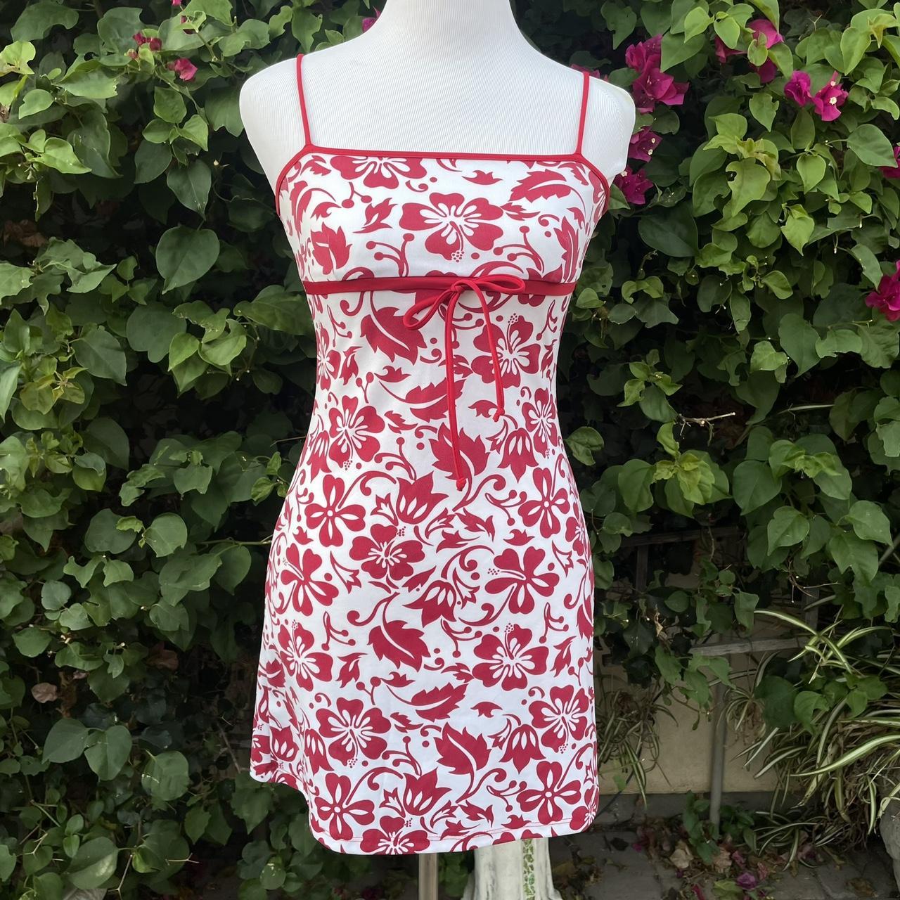 Red and white floral mini dress with adjustable... Depop
