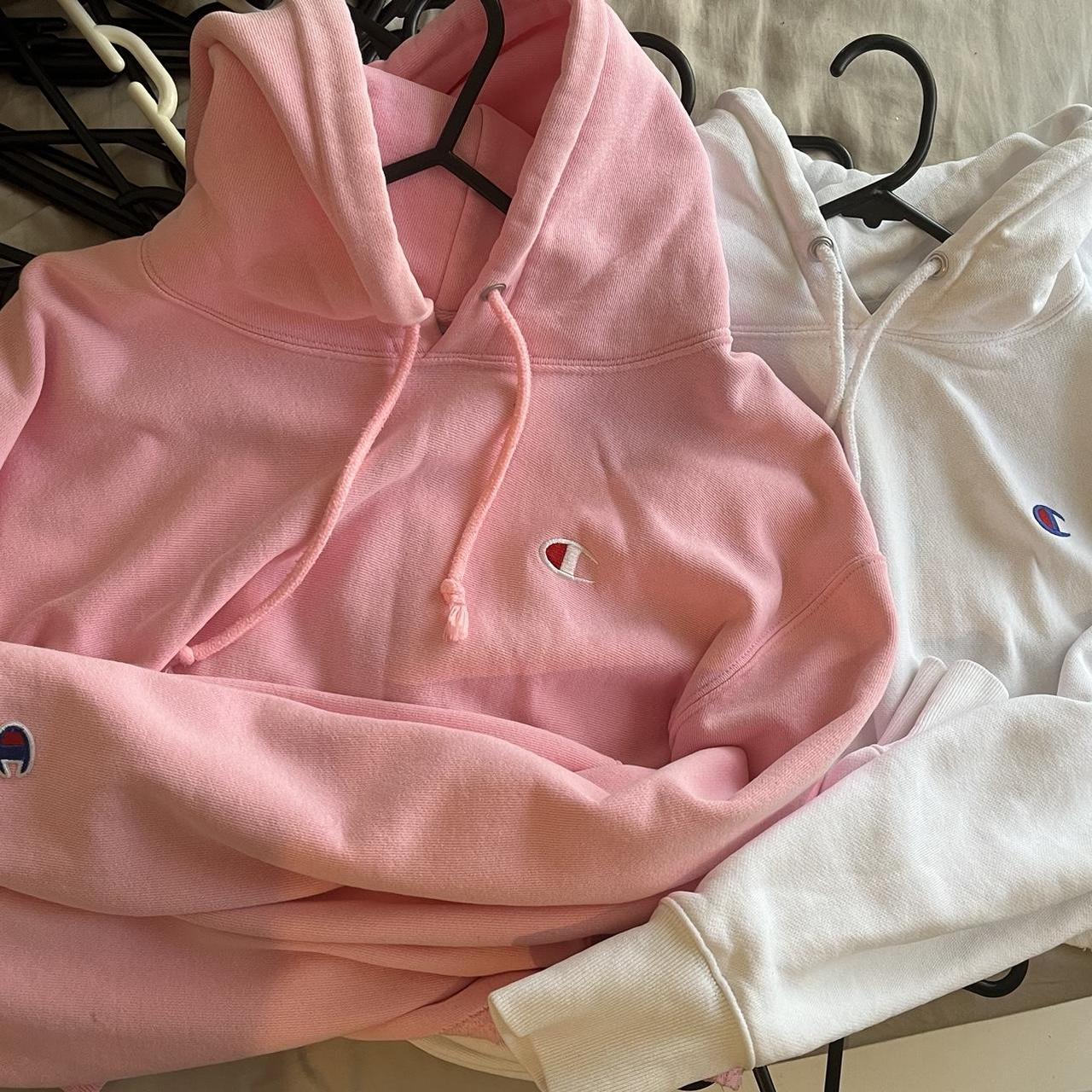 Champion cropped hoodies Pink size S White size... - Depop