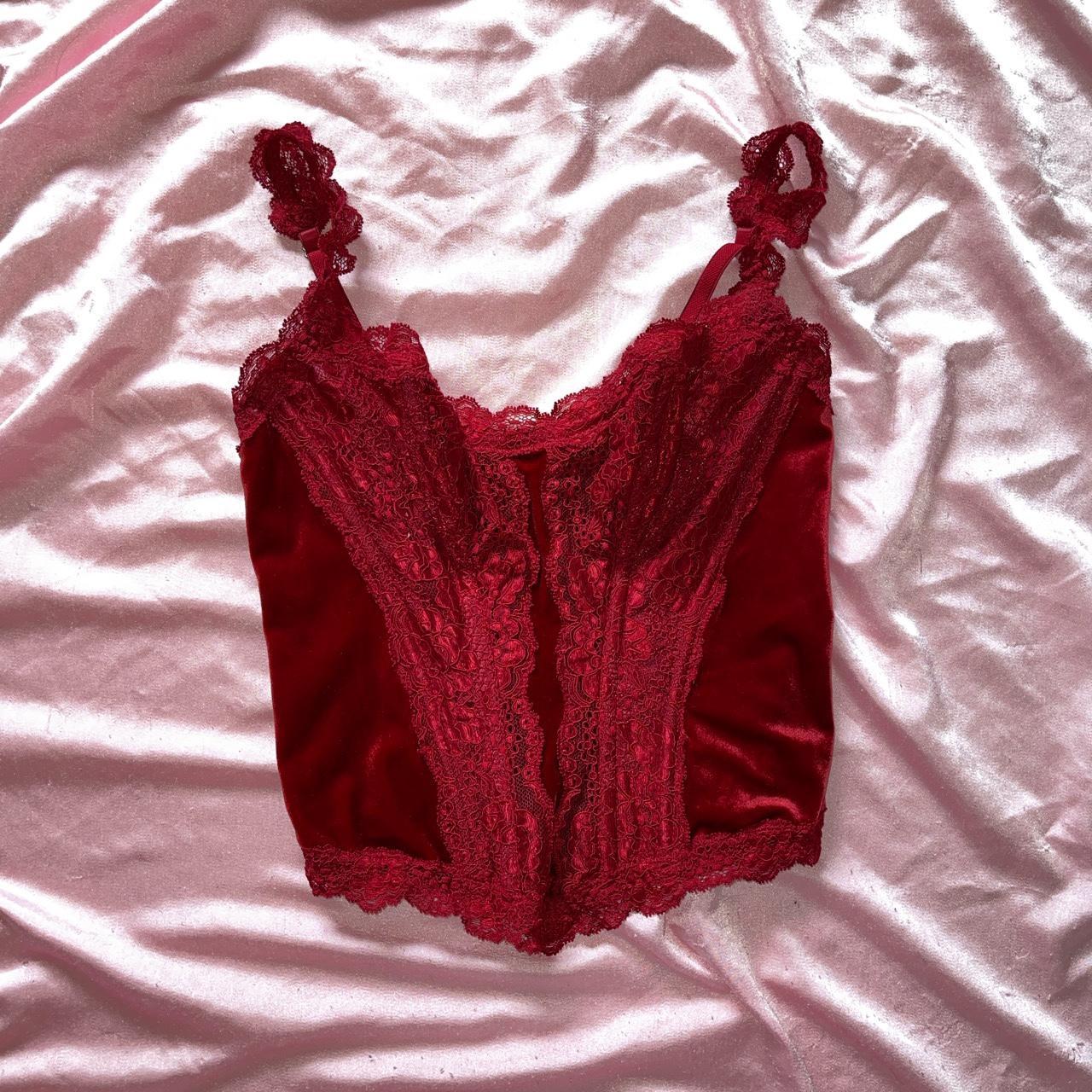 Victoria secret red velvet lace corset Size: - Depop