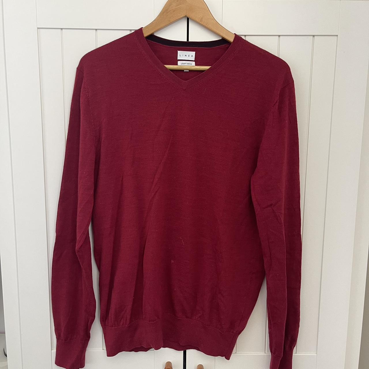 Burgundy V Neck 100% Merino Wool Jumper Size:... - Depop