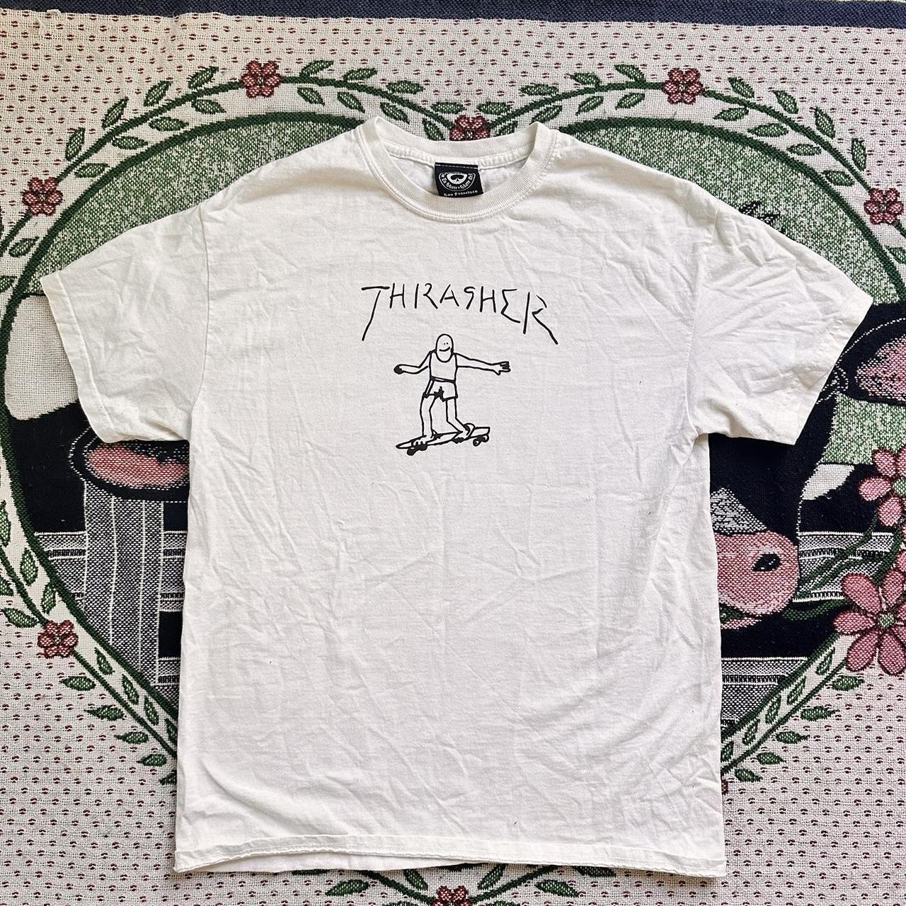 Graphic tee thrasher branding on front guy riding... - Depop