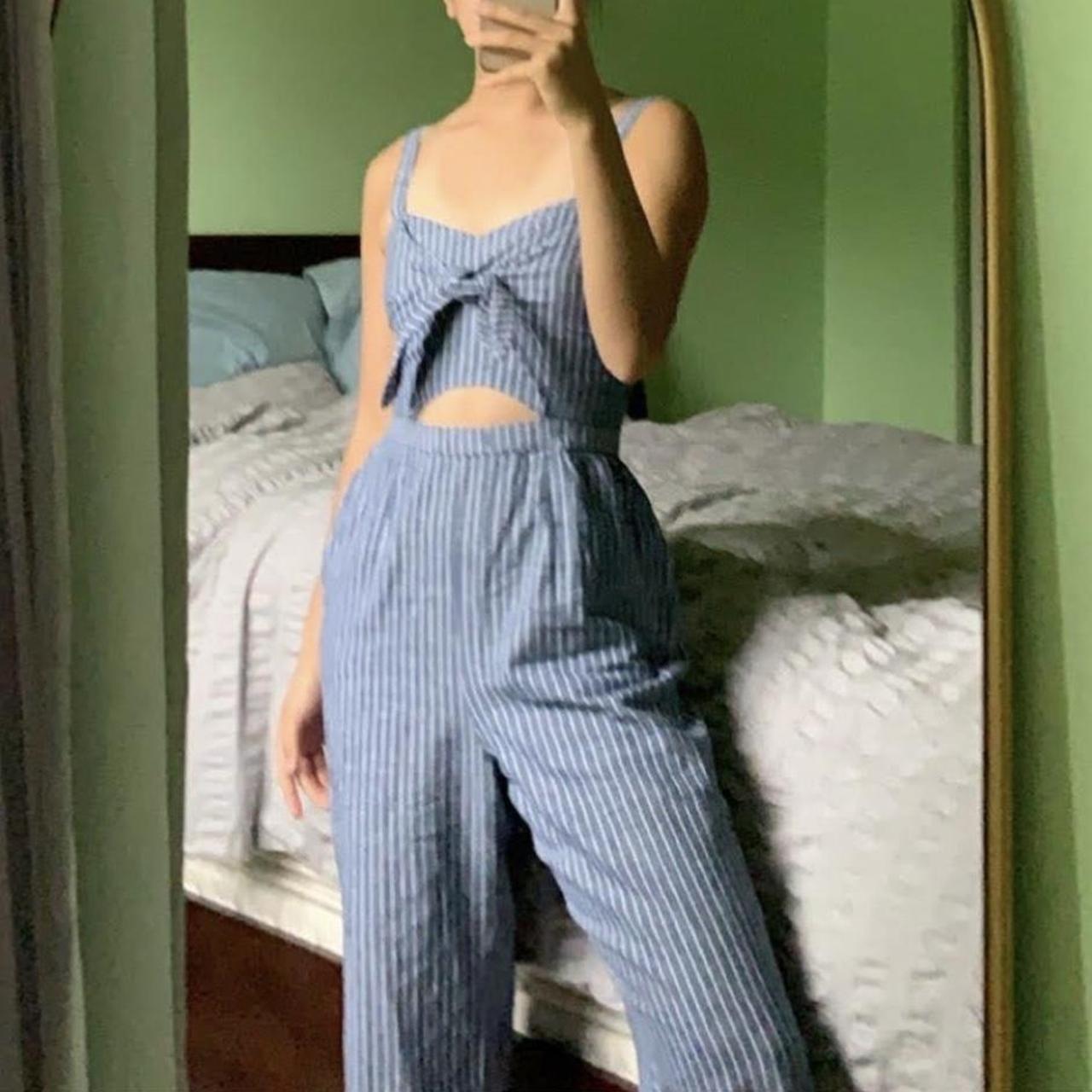 NWT blue and white striped tie front jumpsuit with a