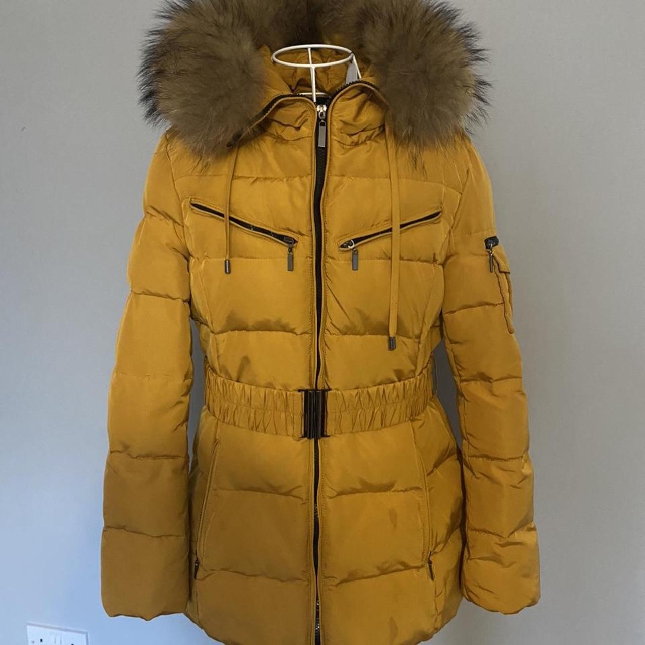 Mustard padded puffer coat, with fur hood and belt.... - Depop