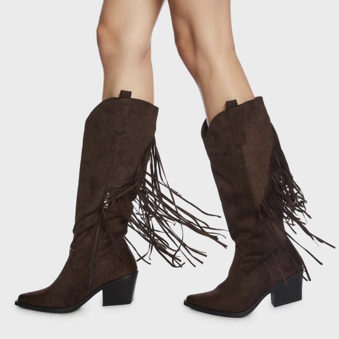 Chocolate brown suede cowboy boots with fringed back... - Depop