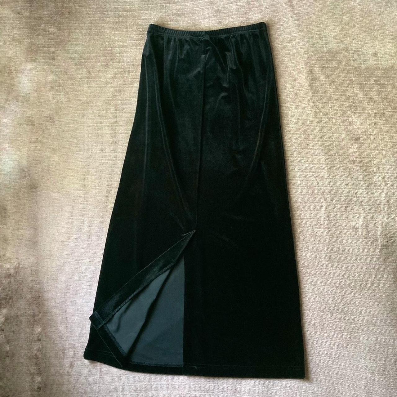 Black velvet maxi skirt with slit. Marked size 14,... - Depop