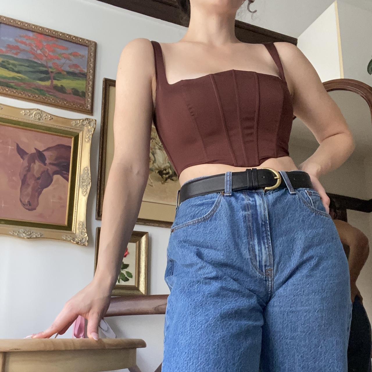 Chocolate brown corset top with zip up back. Smooth,... Depop